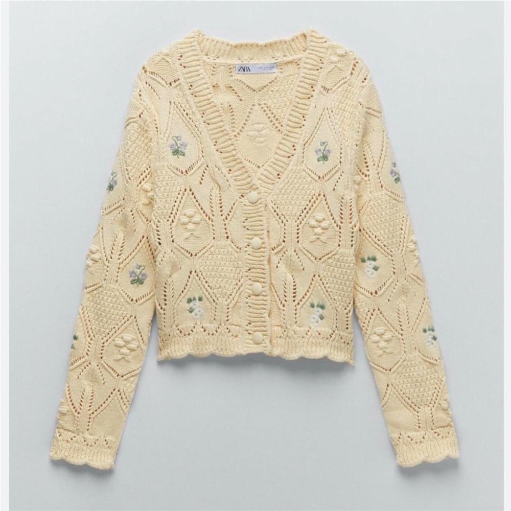 Zara Cream Floral Knit Cardigan